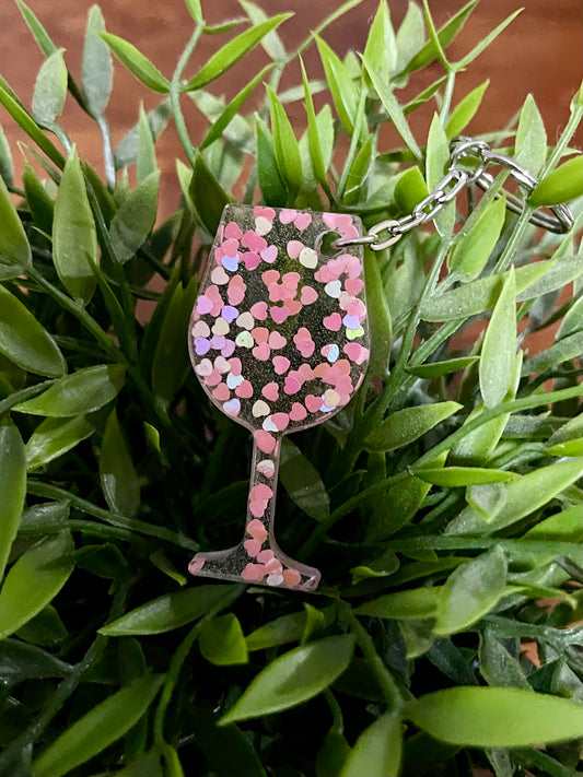 Wine Glass Keyring PINK HEARTS